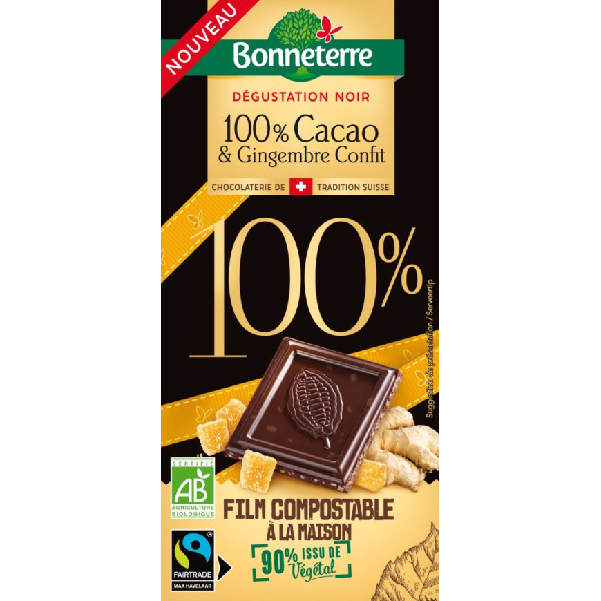 Chocolat 100% cacao & gingembre confit BIO, 90g